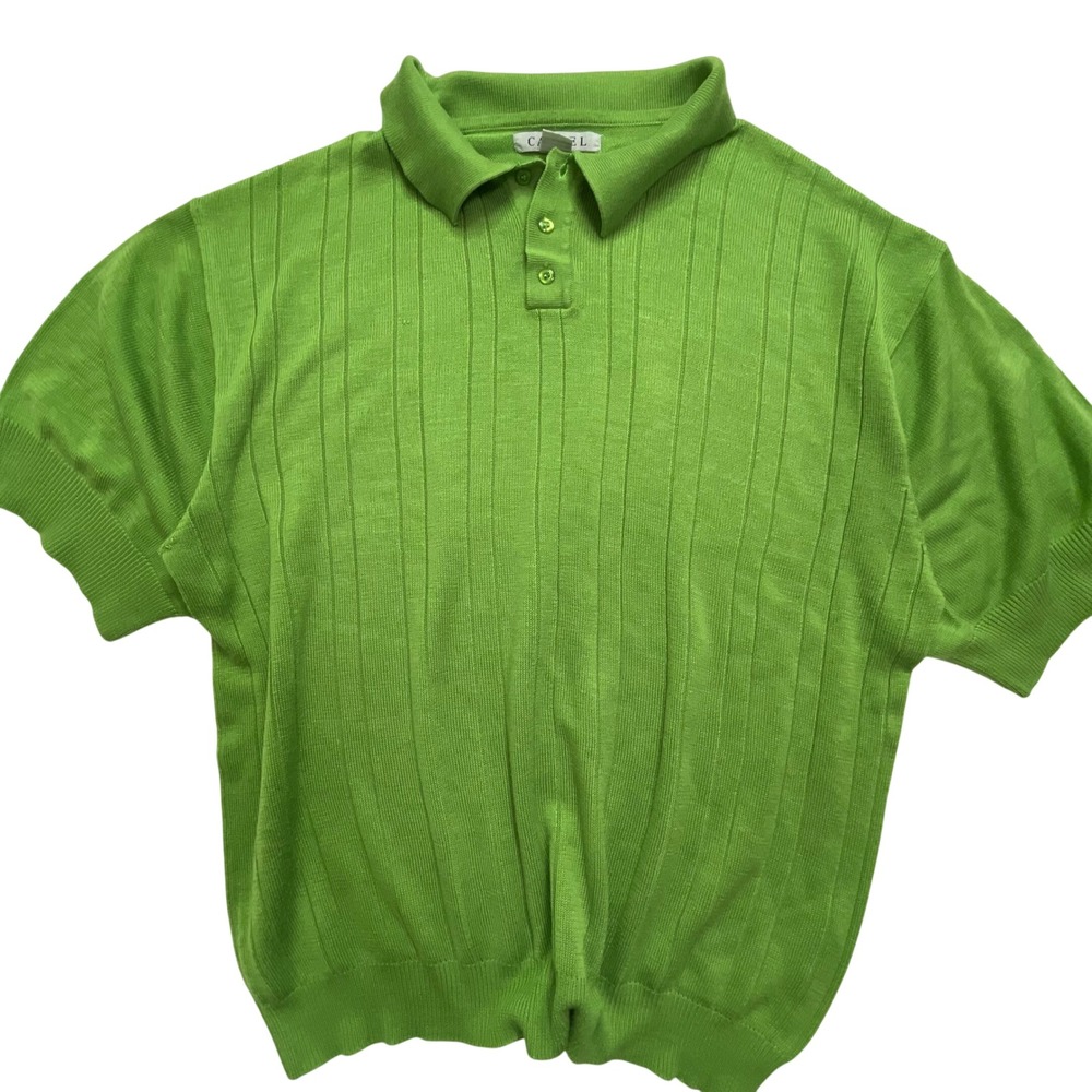Cassel Women Lime Green Ribbed Knit‎ Polo Shirt Short Sleeve Acrylic Size L